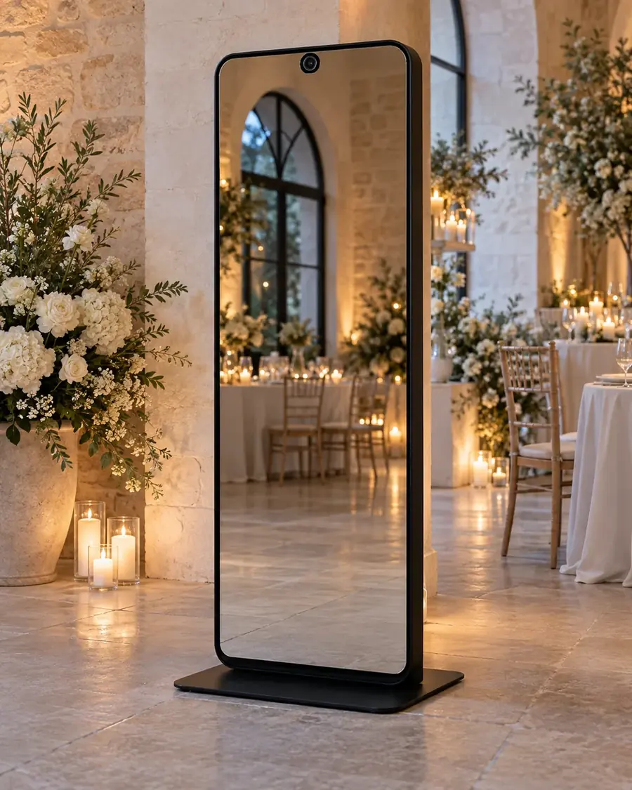Grand miroir photobooth dans un décor de réception — visuel d’ambiance